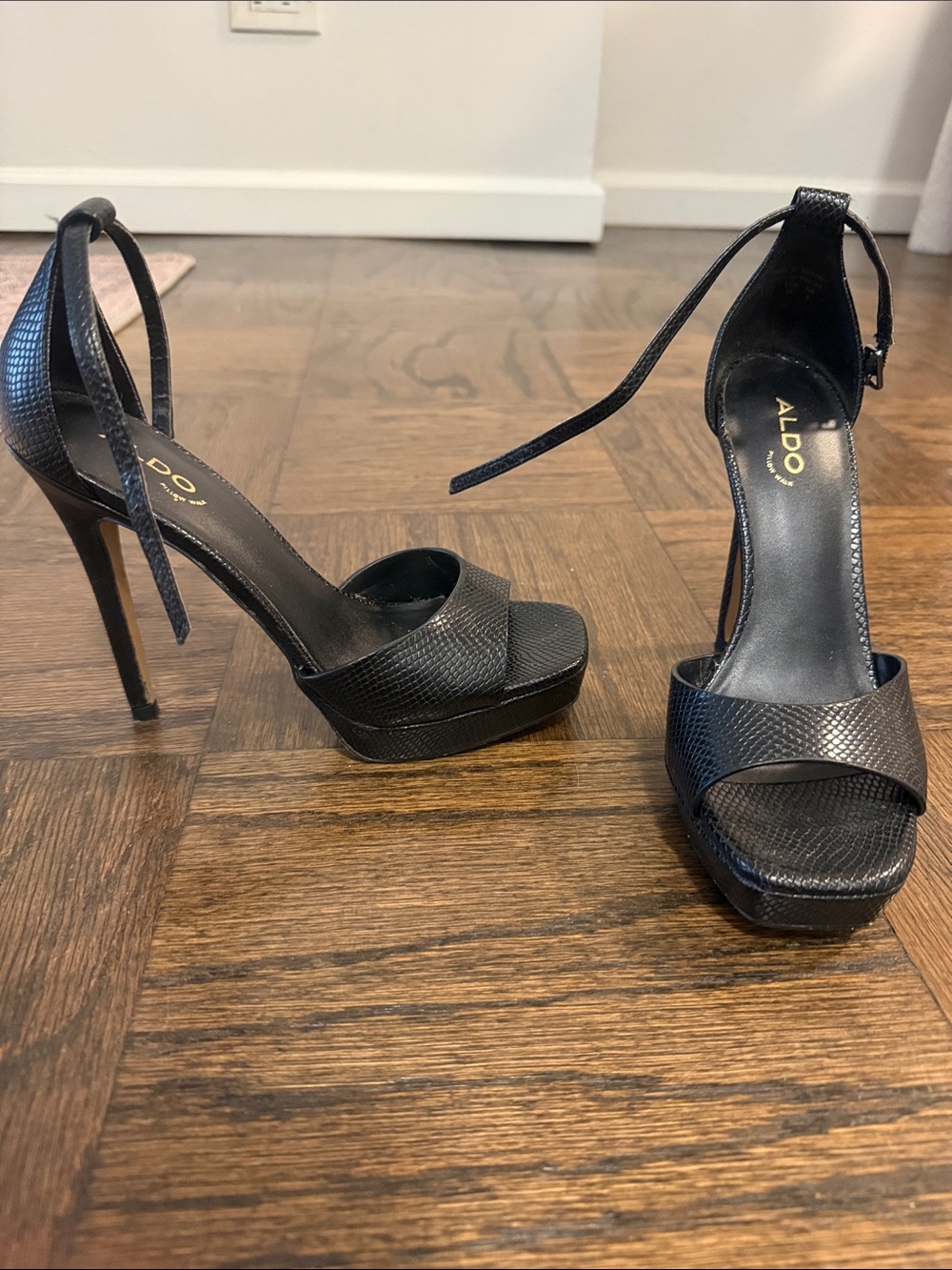 Aldo Black Textured Platform Stiletto Ankle-Strap Sandals